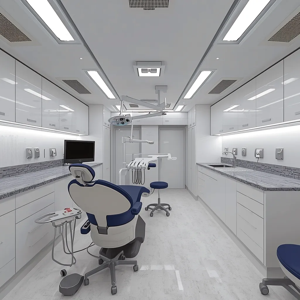 Interior of an expandable dental clinic trailer featuring a modern dental chair, sterilization cabinets, and fully equipped mobile treatment workspace.